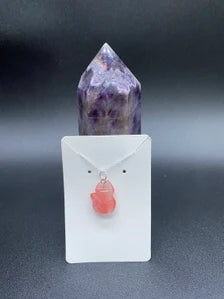 Strawberry Quartz Carved Fox Pendant  Sterling Silver Necklace