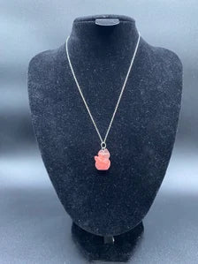 Strawberry Quartz Carved Fox Pendant  Sterling Silver Necklace