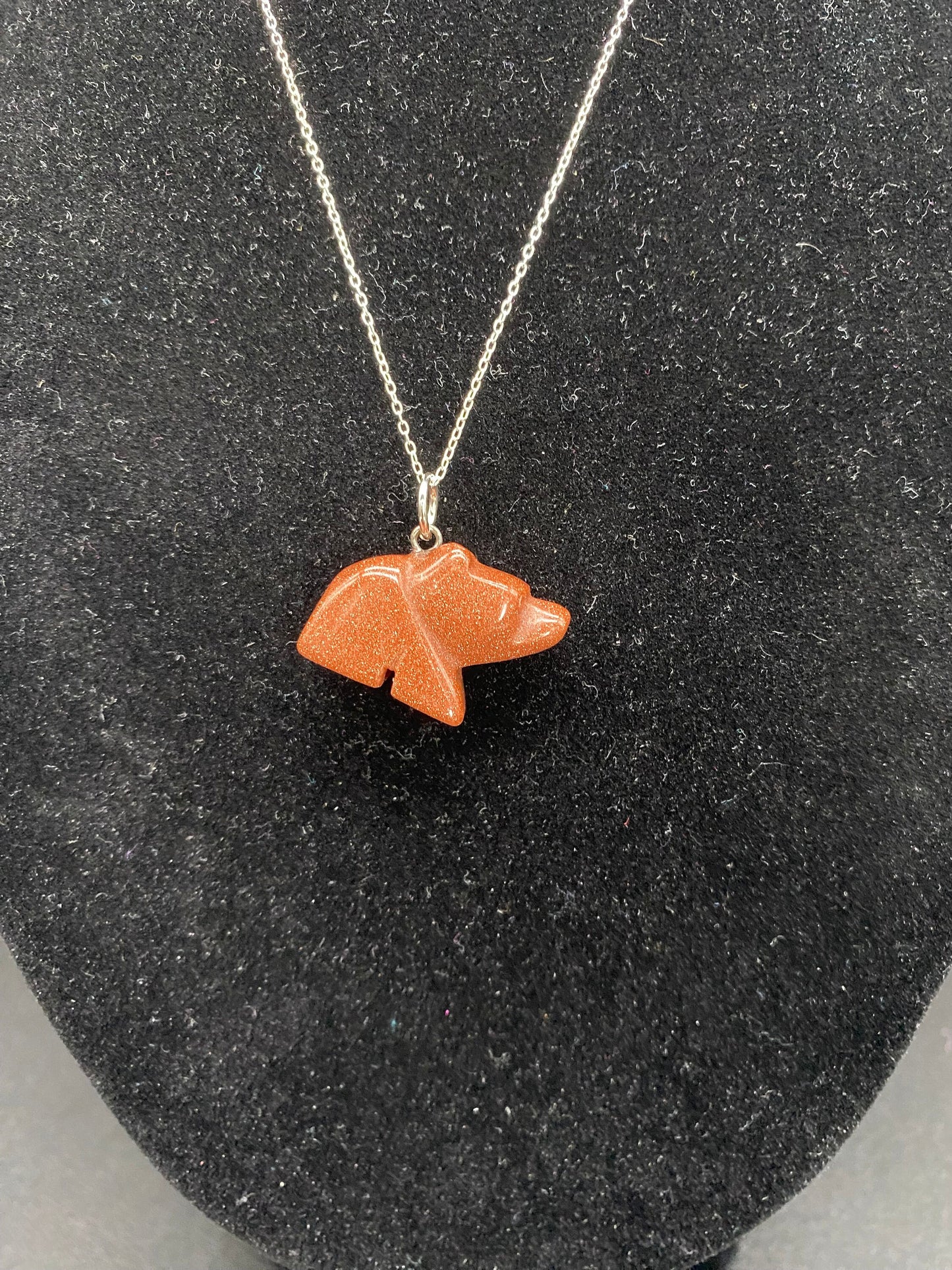 Brown Goldstone Bear Sterling Silver Necklace
