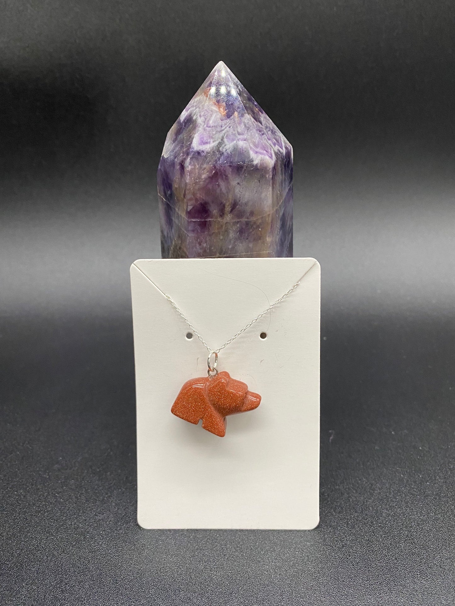 Brown Goldstone Bear Sterling Silver Necklace