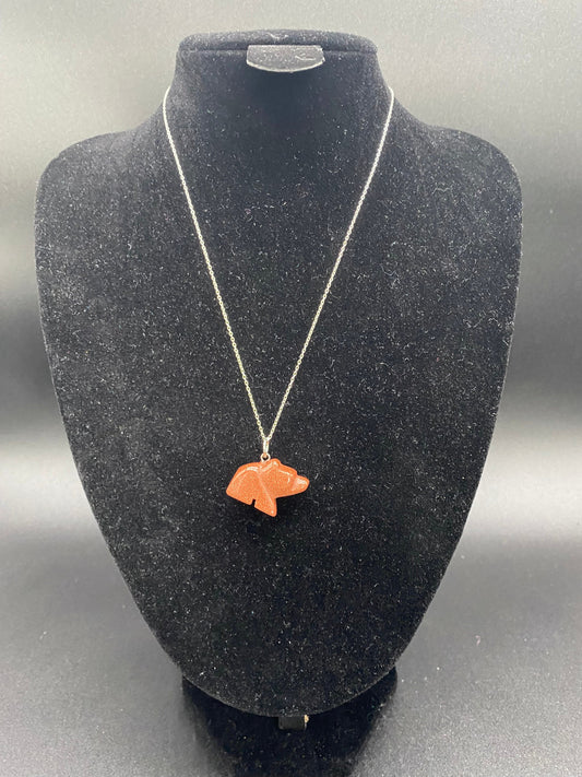 Brown Goldstone Bear Sterling Silver Necklace