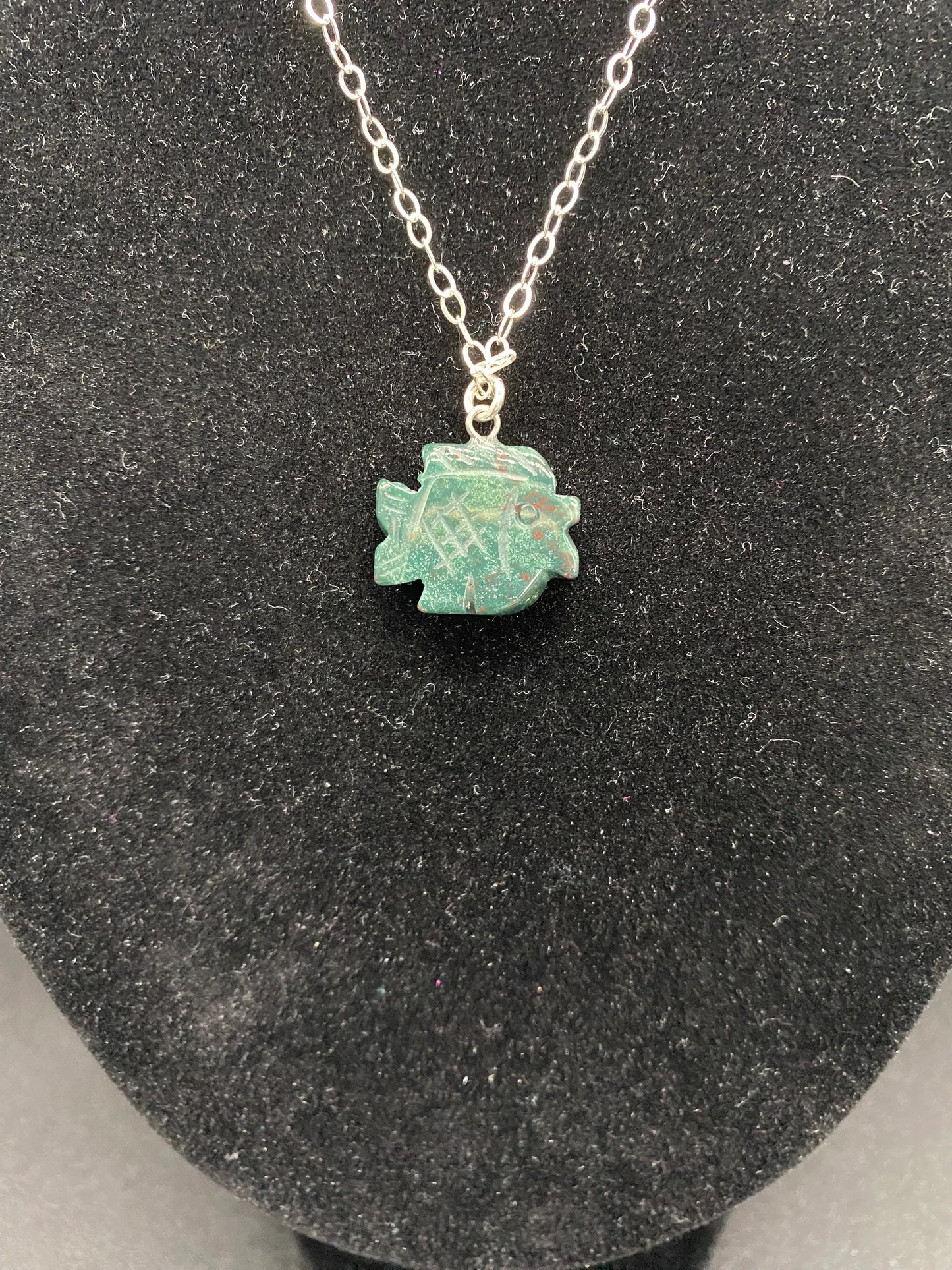 Green Jasper Fish Sterling Silver Necklace