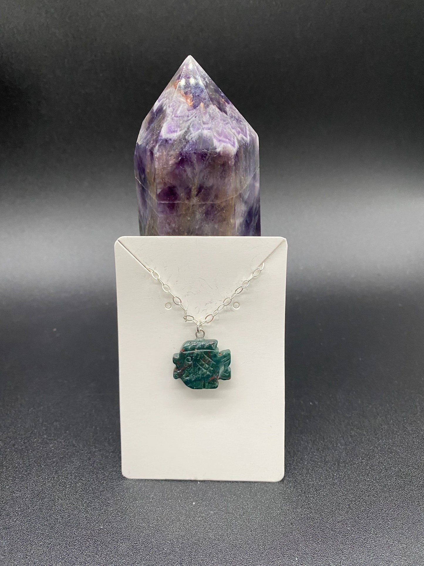 Green Jasper Fish Sterling Silver Necklace