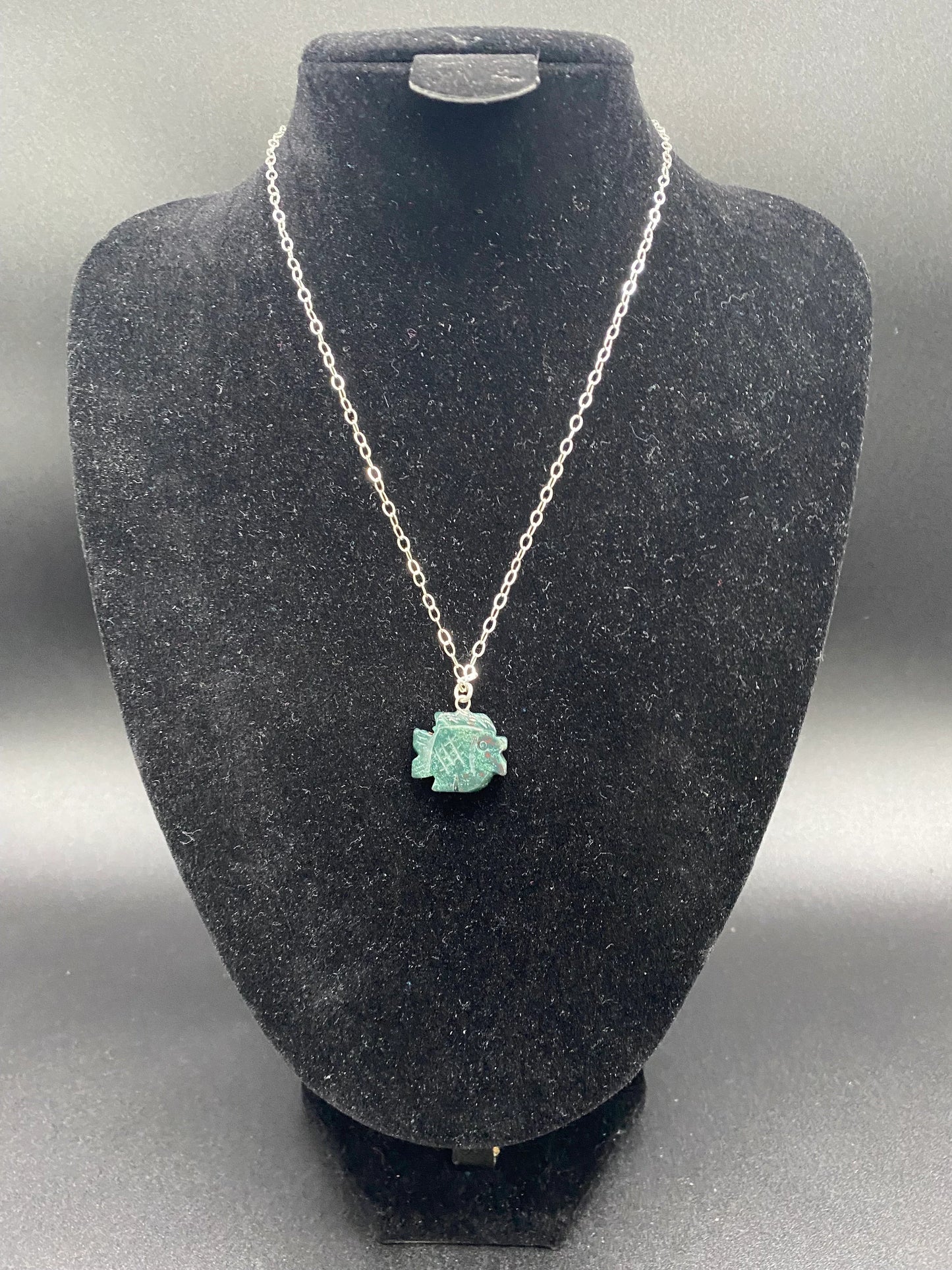 Green Jasper Fish Sterling Silver Necklace