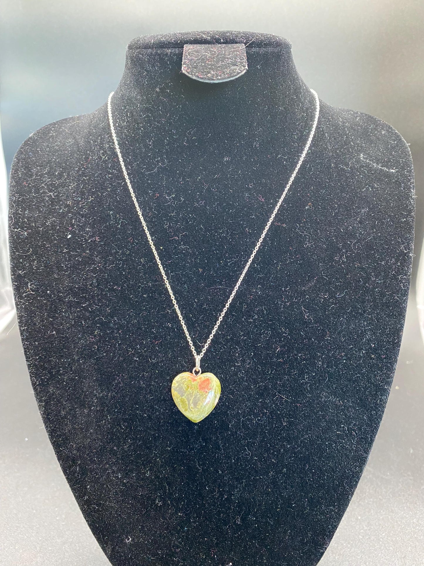 Unakite Carved Heart Sterling Silver Necklace