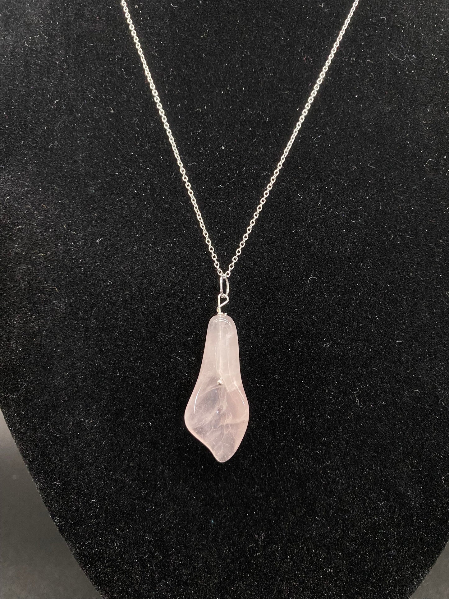 Rose Quartz Carved Calla Lily Pendant  Sterling Silver Necklace