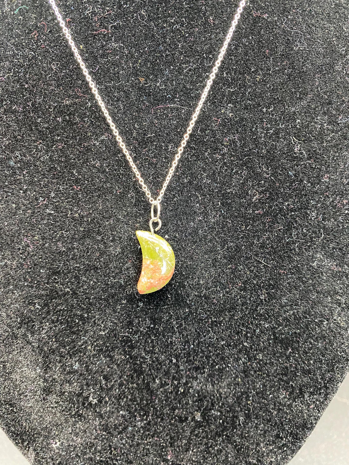 Unakite Carved Crescent Moon Sterling Silver Necklace