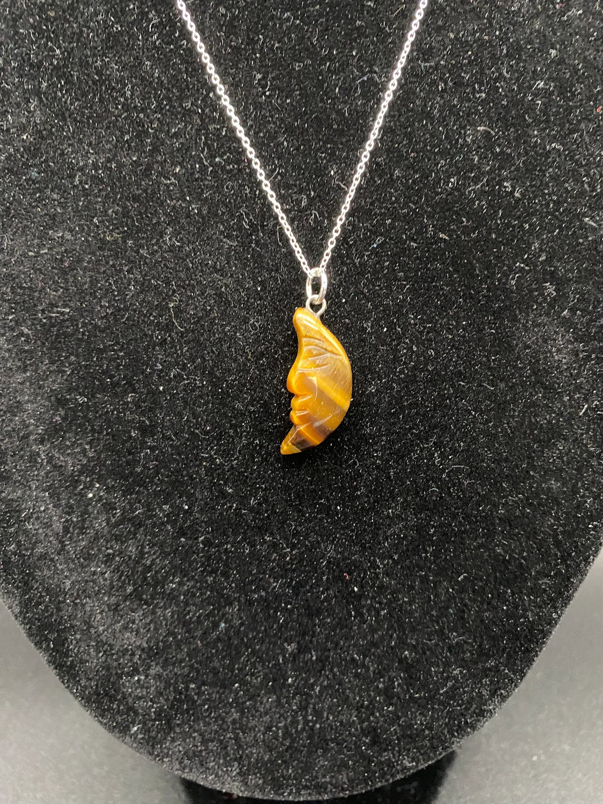 Tiger's Eye Carved Moon Face Pendant Sterling Silver Necklace
