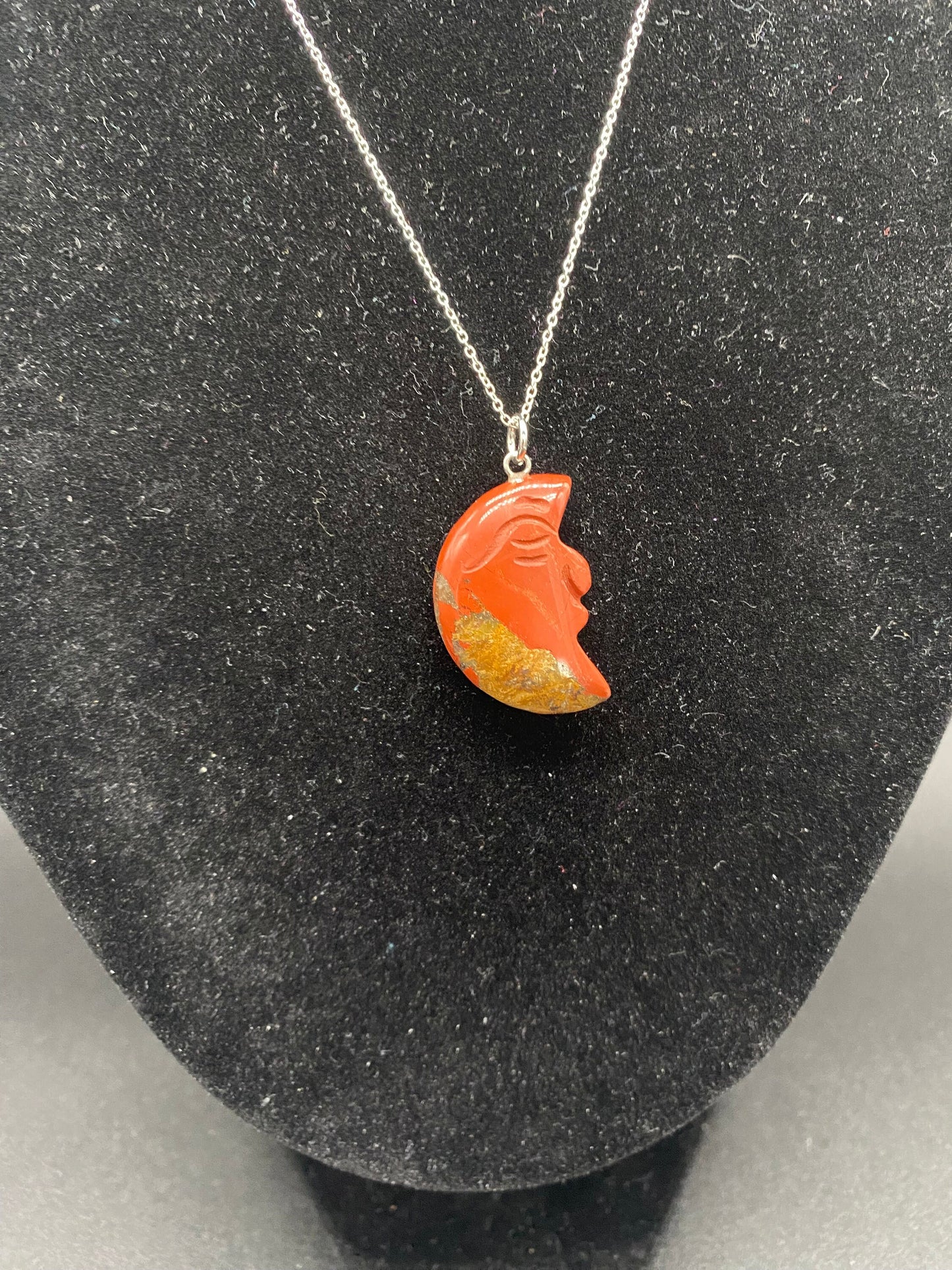 Red Jasper Carved Moon Face Pendant Sterling Silver Necklace
