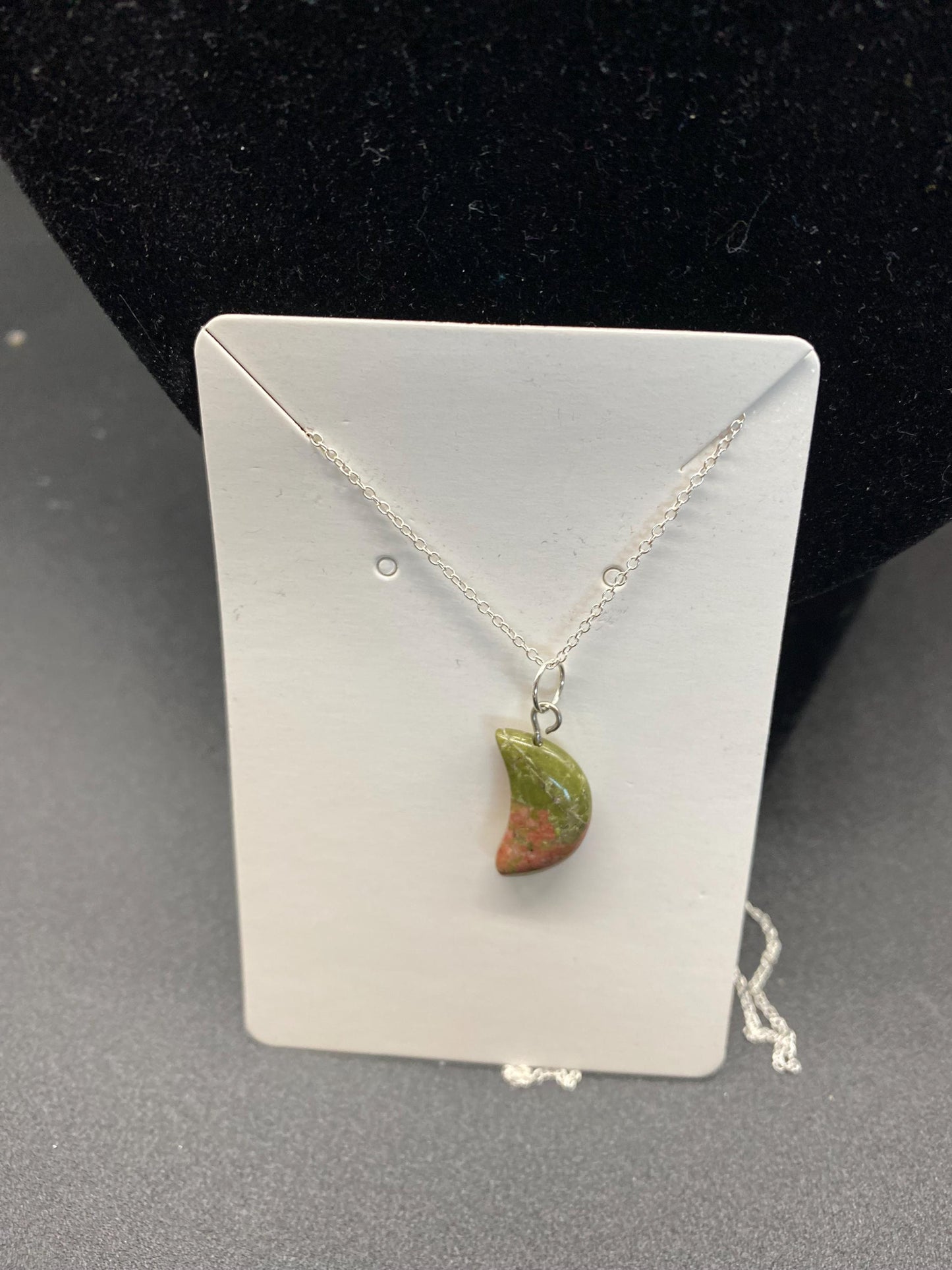 Unakite Carved Crescent Moon Sterling Silver Necklace