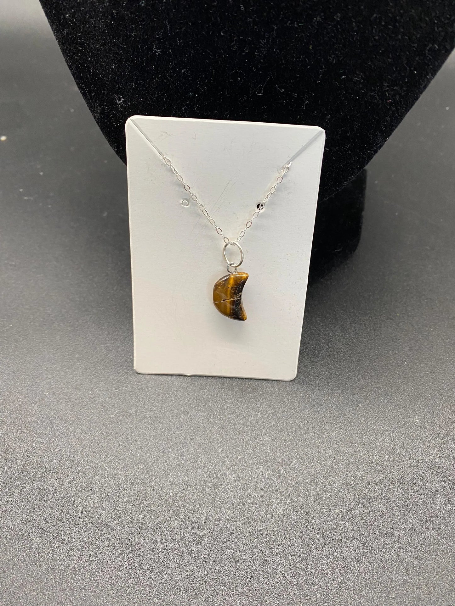 Tiger's Eye Crescent Moon Pendant Sterling Silver Necklace