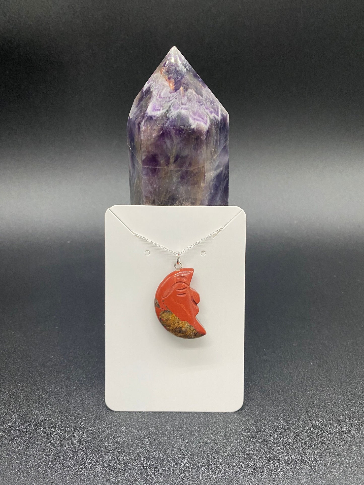 Red Jasper Carved Moon Face Pendant Sterling Silver Necklace
