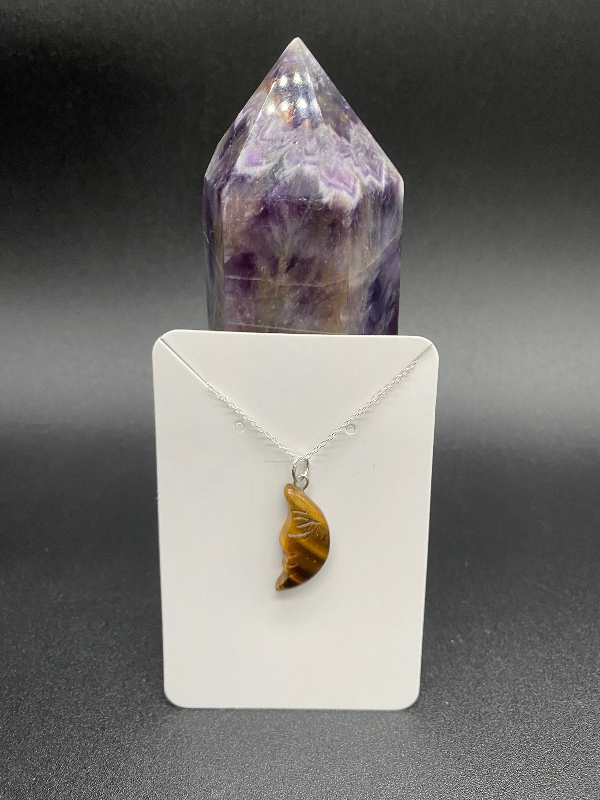 Tiger's Eye Carved Moon Face Pendant Sterling Silver Necklace