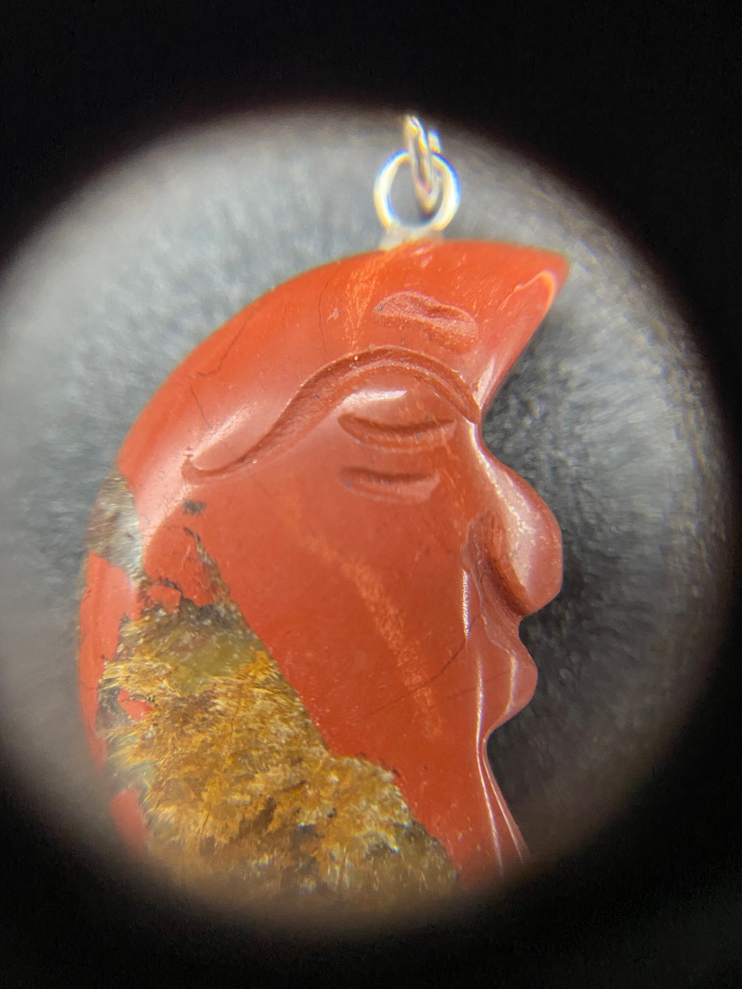 Red Jasper Carved Moon Face Pendant Sterling Silver Necklace