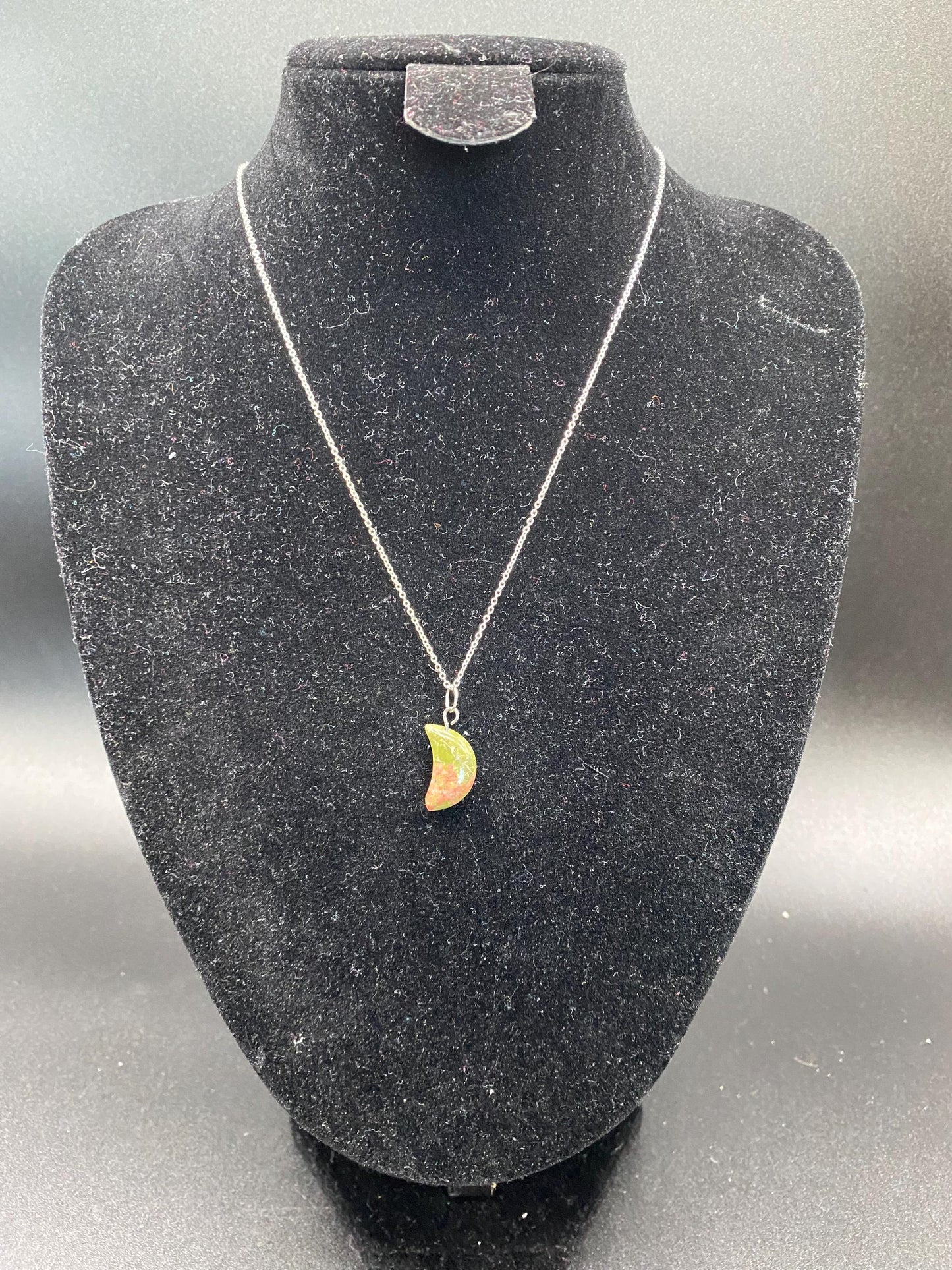 Unakite Carved Crescent Moon Sterling Silver Necklace