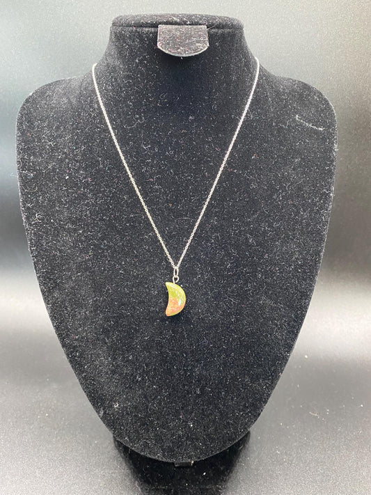 Unakite Carved Crescent Moon Sterling Silver Necklace