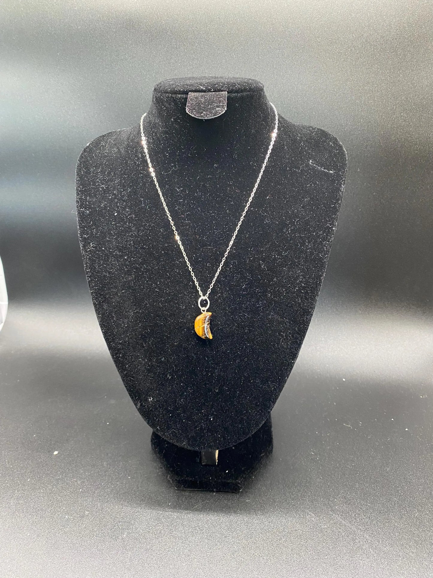 Tiger's Eye Crescent Moon Pendant Sterling Silver Necklace