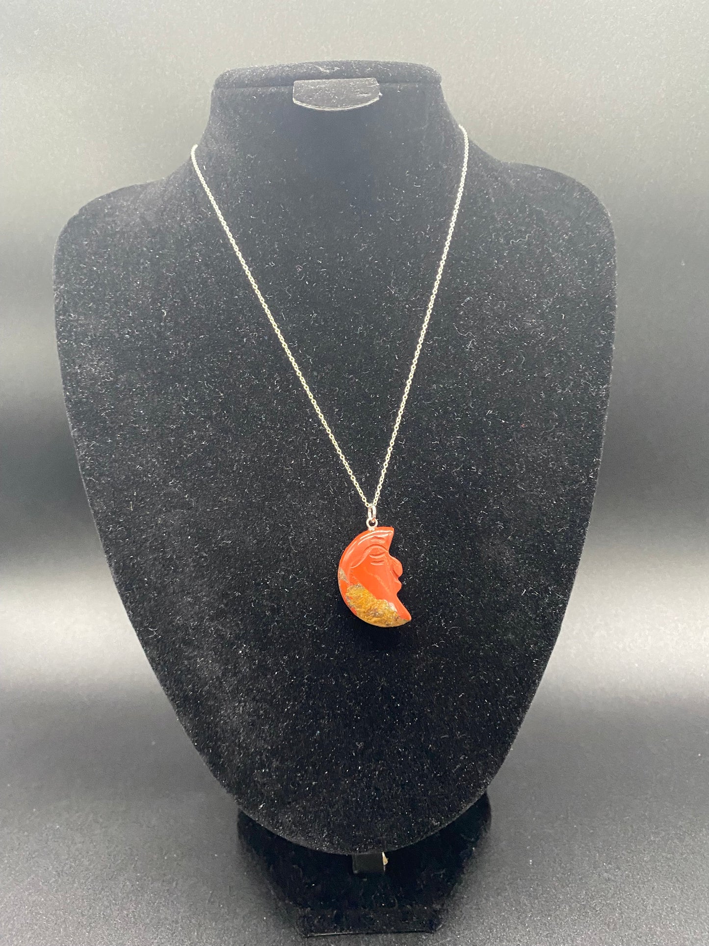 Red Jasper Carved Moon Face Pendant Sterling Silver Necklace
