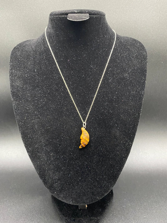 Tiger's Eye Carved Moon Face Pendant Sterling Silver Necklace