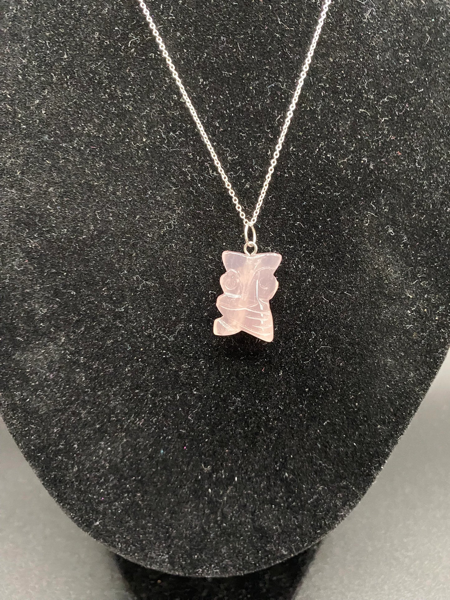 Rose Quartz Carved Owl Pendant Sterling Silver Necklace
