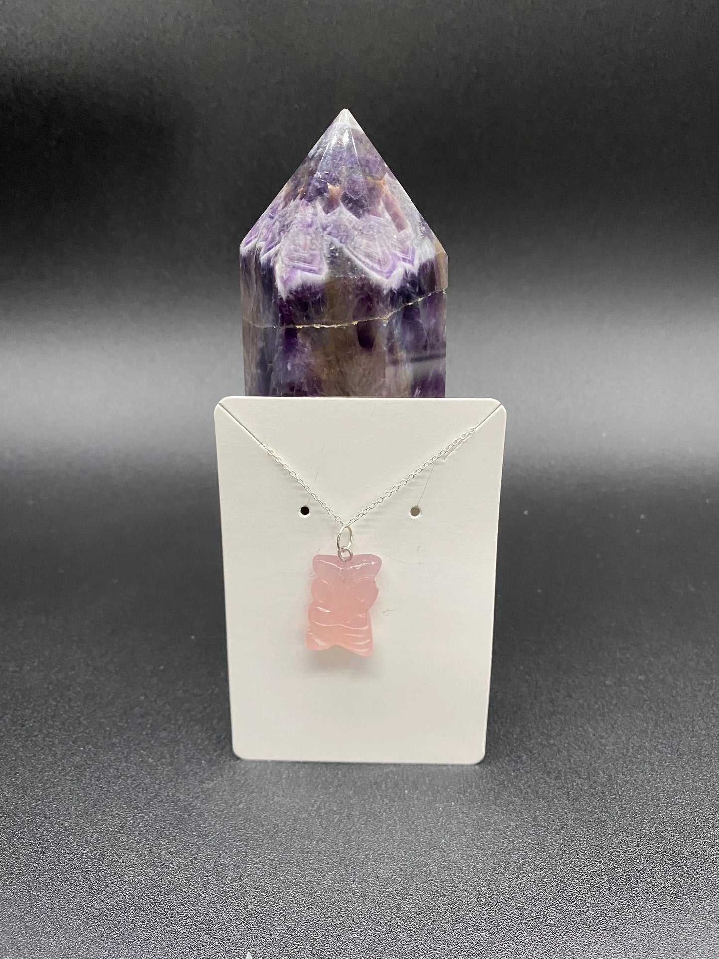 Rose Quartz Carved Owl Pendant Sterling Silver Necklace