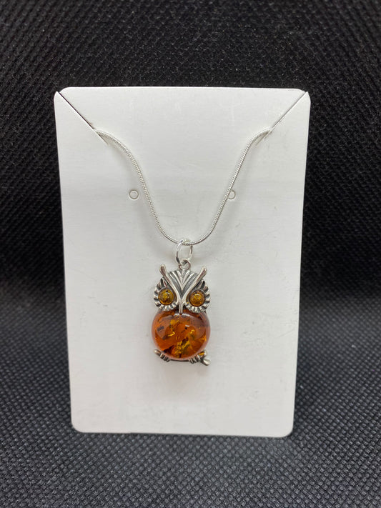 Cognac Baltic Amber Owl Sterling Silver Necklace