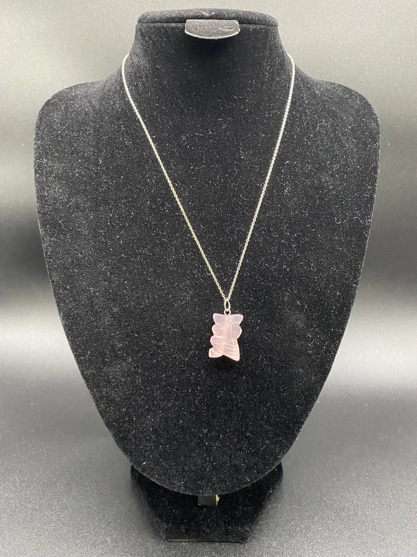 Rose Quartz Carved Owl Pendant Sterling Silver Necklace