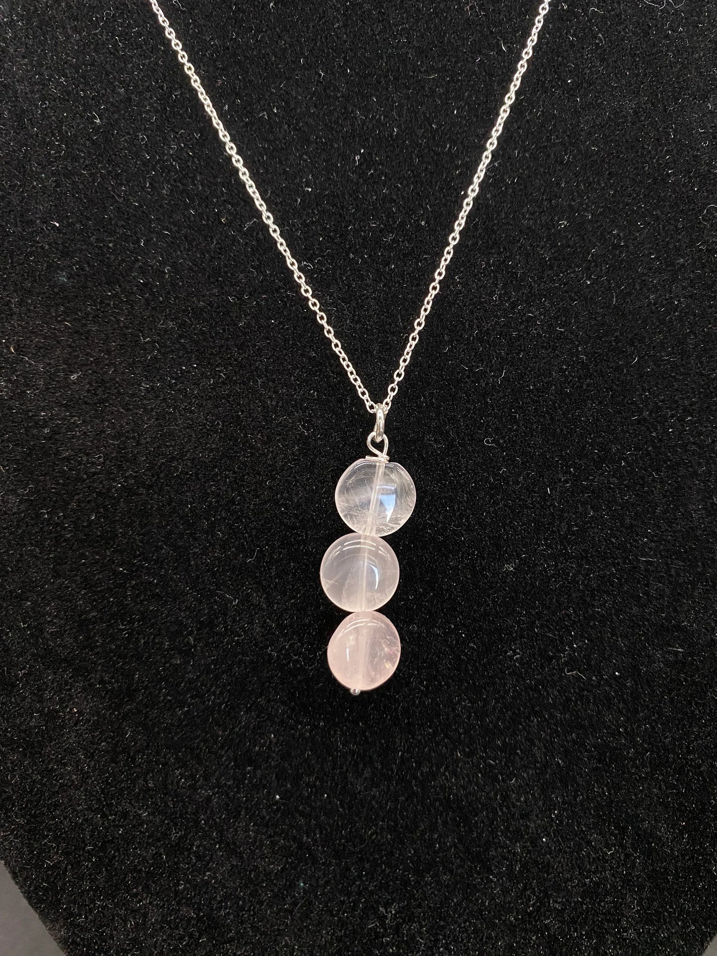 Rose Quartz 3-Bead Drop Pendant  Sterling Silver Necklace