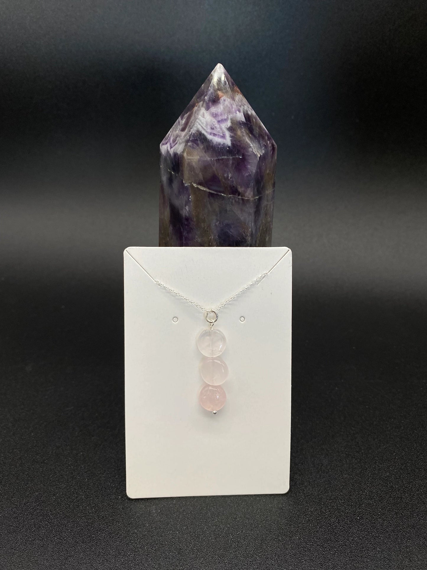 Rose Quartz 3-Bead Drop Pendant  Sterling Silver Necklace