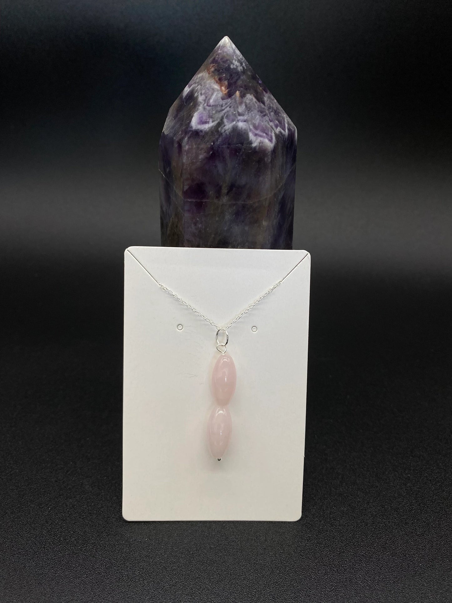 Rose Quartz 2-Bead Rice Drop Pendant Sterling Silver Necklace