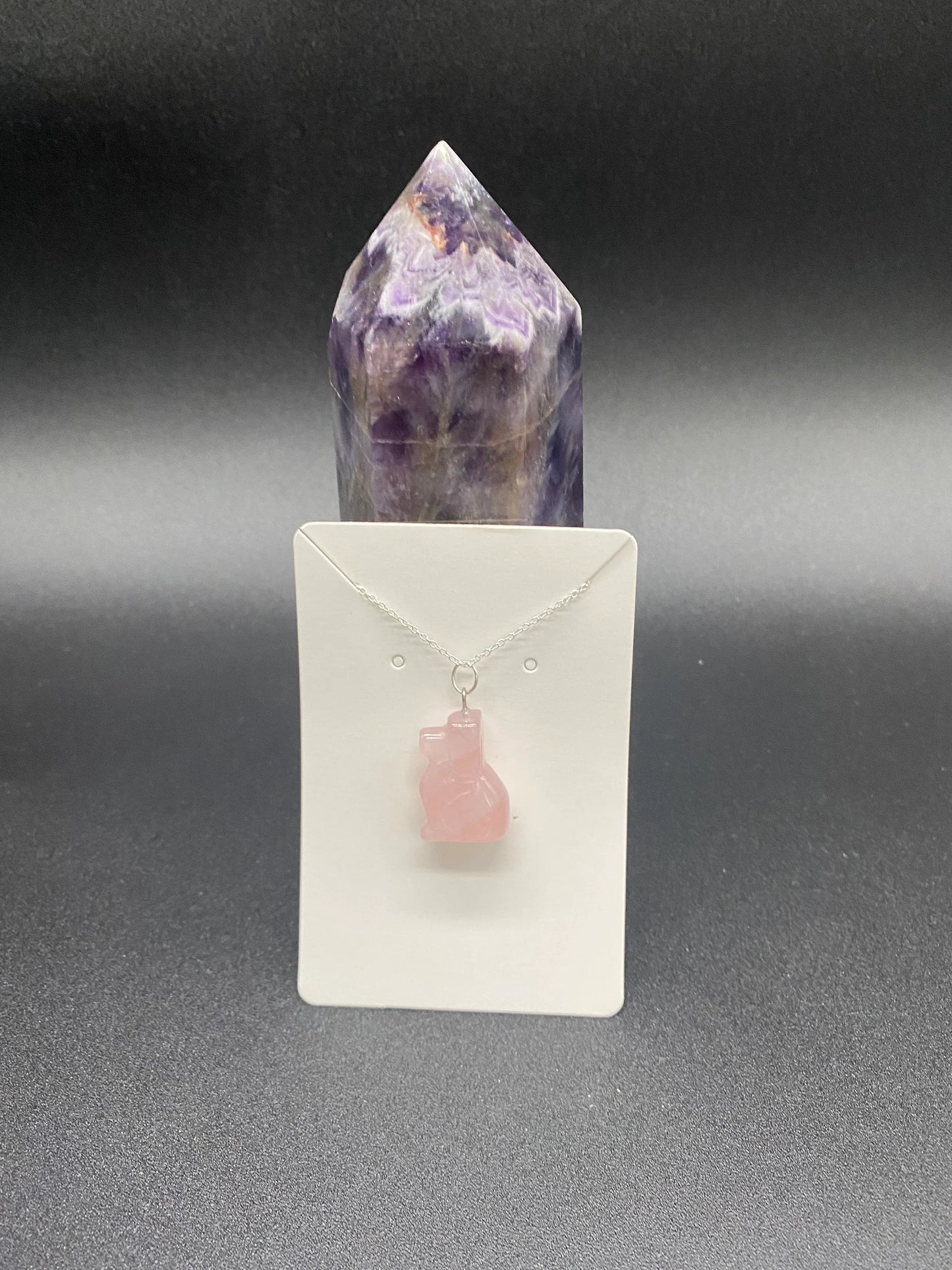Rose Quartz Carved Dog Sterling Silver Necklace