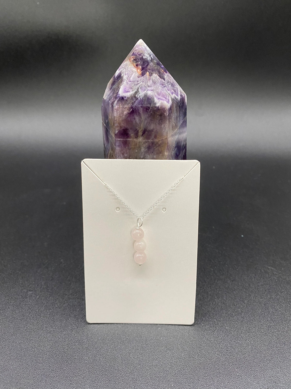 Rose Quartz 3-Bead Drop Pendant Sterling Silver Necklace