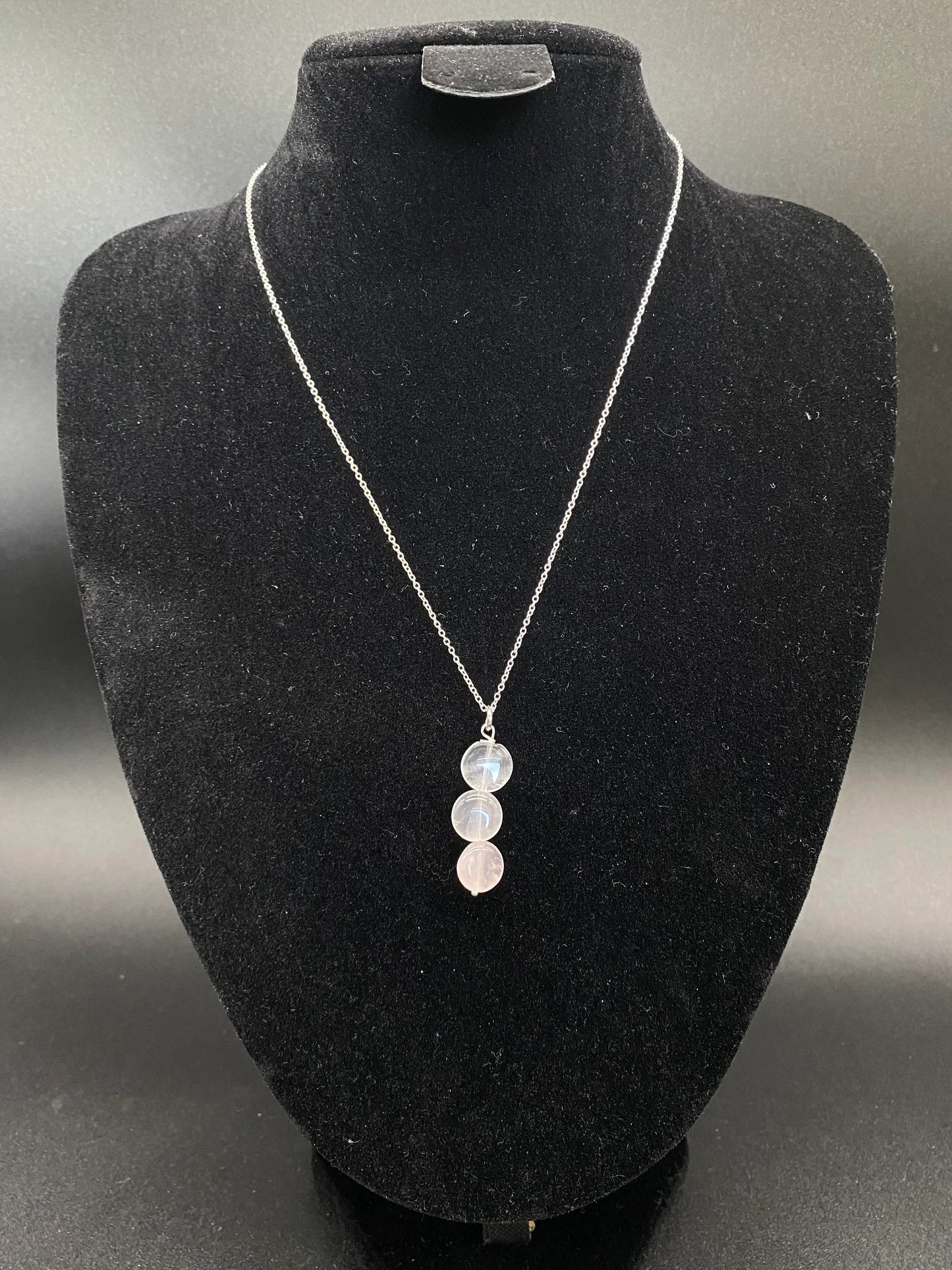 Rose Quartz 3-Bead Drop Pendant  Sterling Silver Necklace