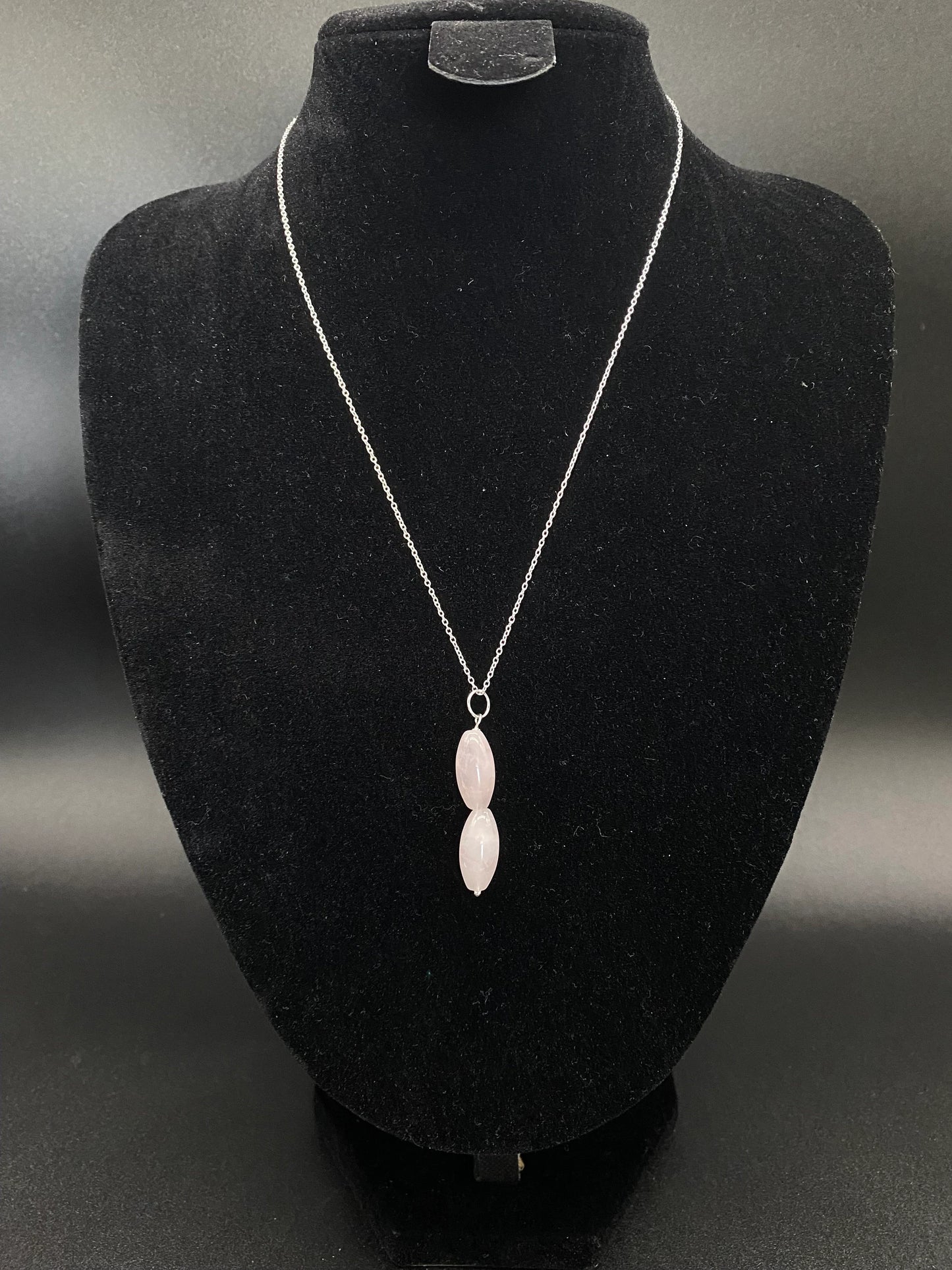 Rose Quartz 2-Bead Rice Drop Pendant Sterling Silver Necklace