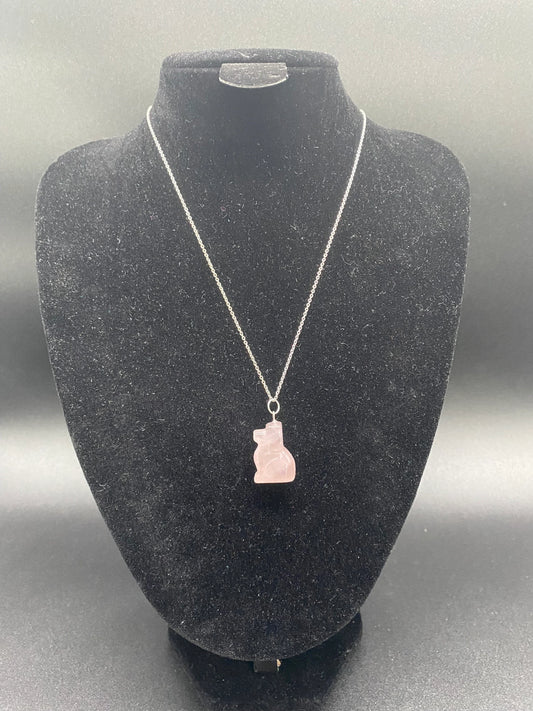 Rose Quartz Carved Dog Sterling Silver Necklace