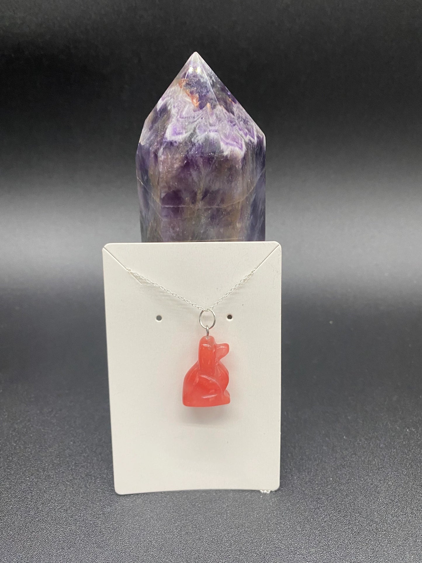 Strawberry Quartz Carved Dog Sterling Silver Necklace