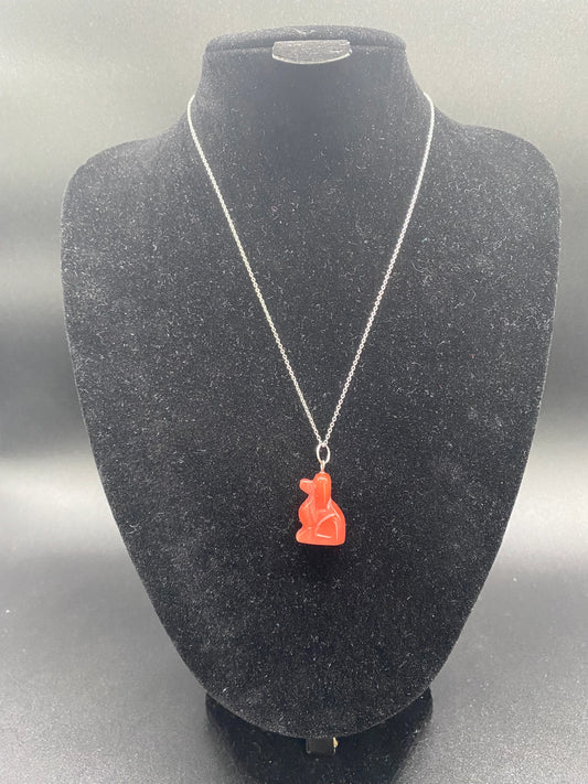 Strawberry Quartz Carved Dog Sterling Silver Necklace