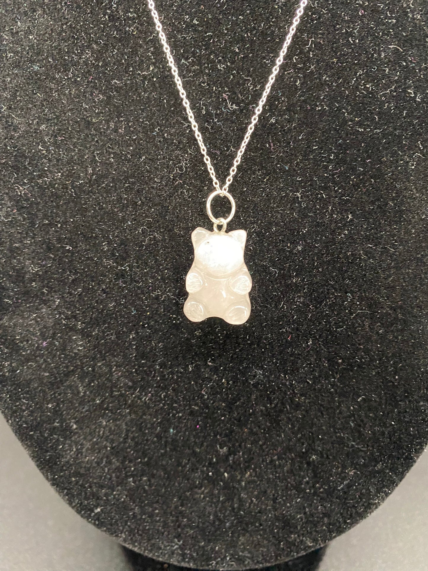 Rose Quartz Carved Teddy Bear Pendant Sterling Silver Necklace