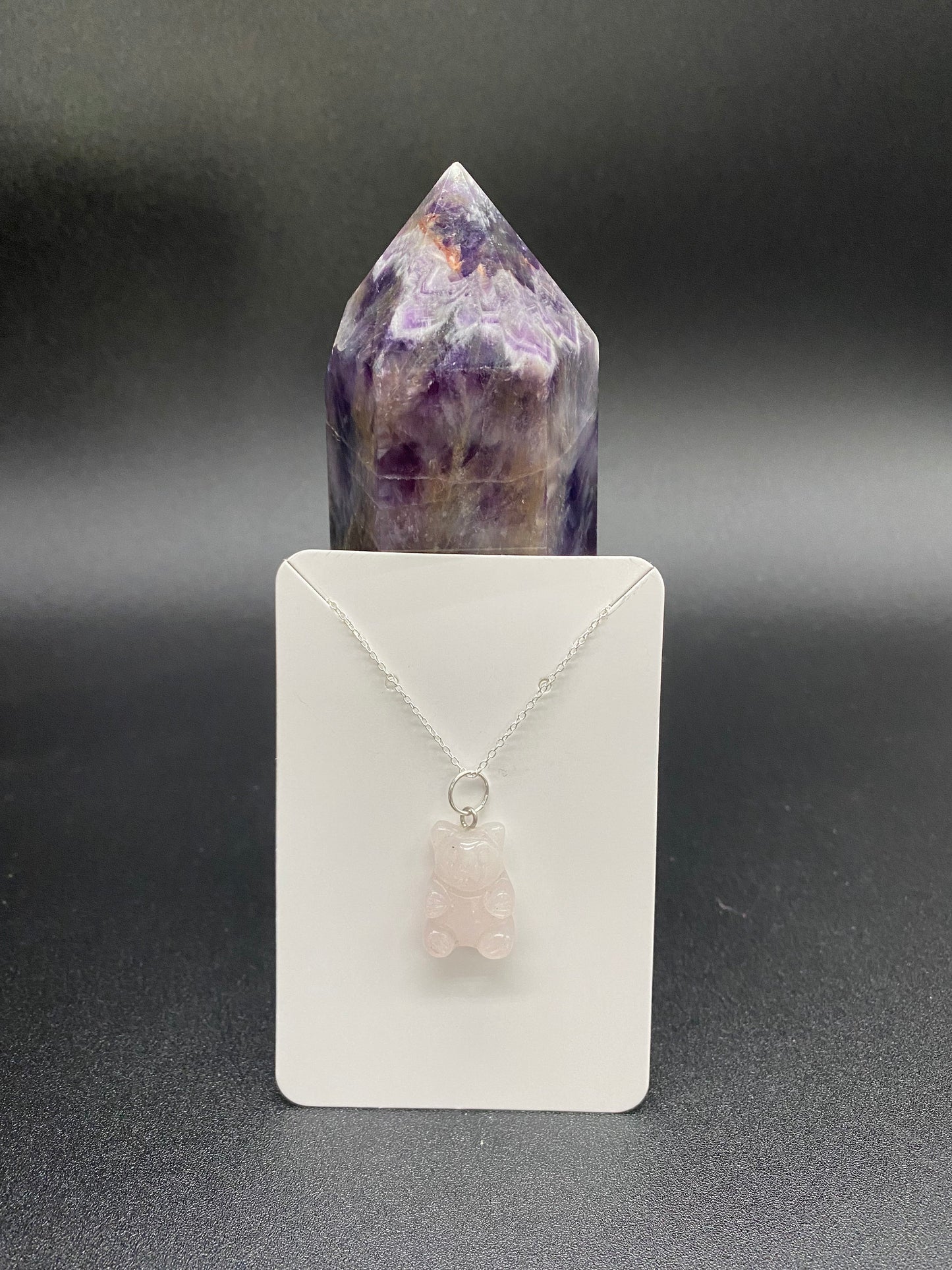 Rose Quartz Carved Teddy Bear Pendant Sterling Silver Necklace