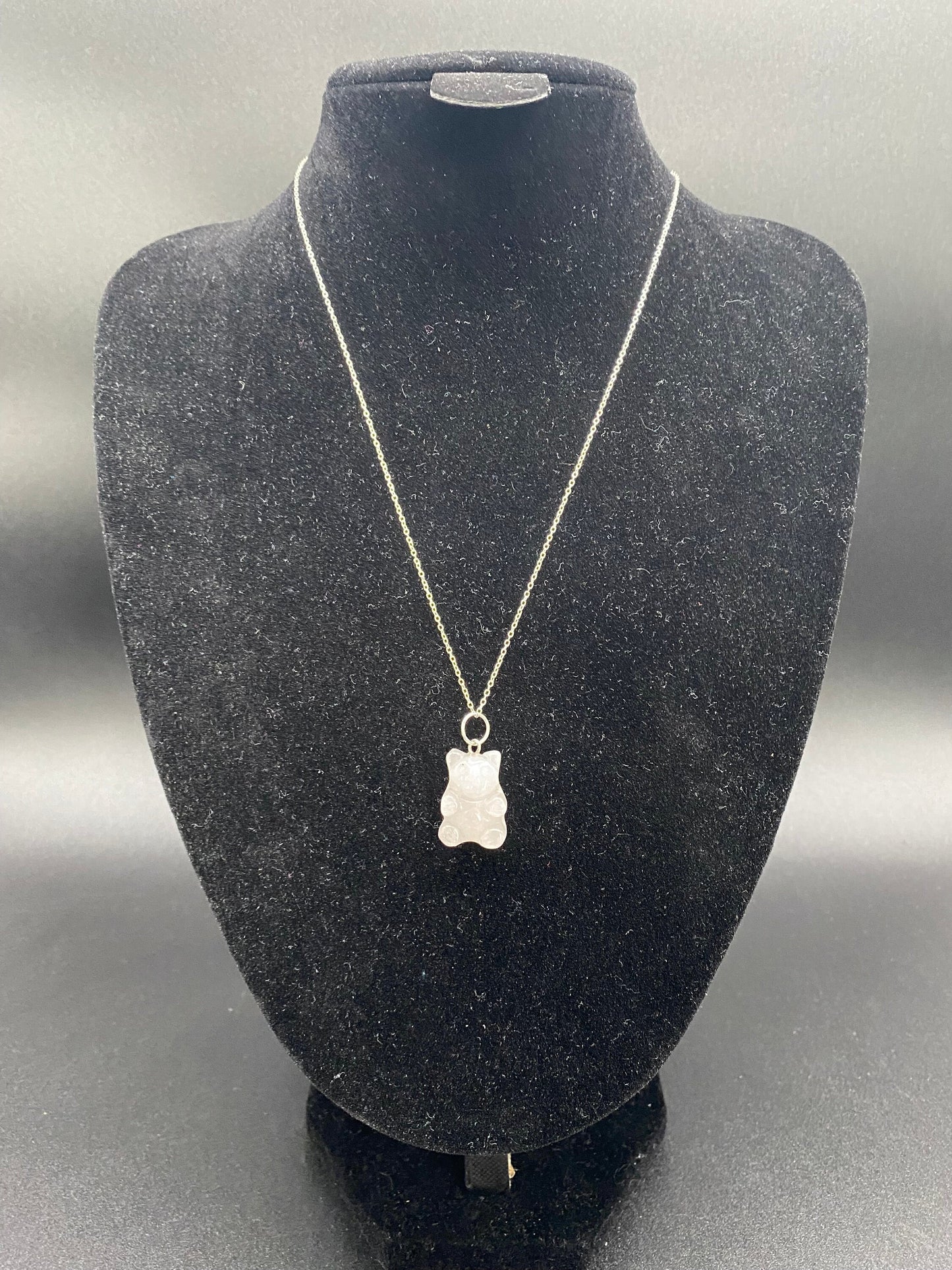 Rose Quartz Carved Teddy Bear Pendant Sterling Silver Necklace