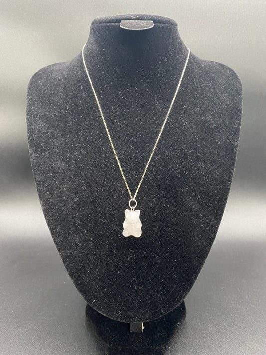 Rose Quartz Carved Teddy Bear Pendant Sterling Silver Necklace