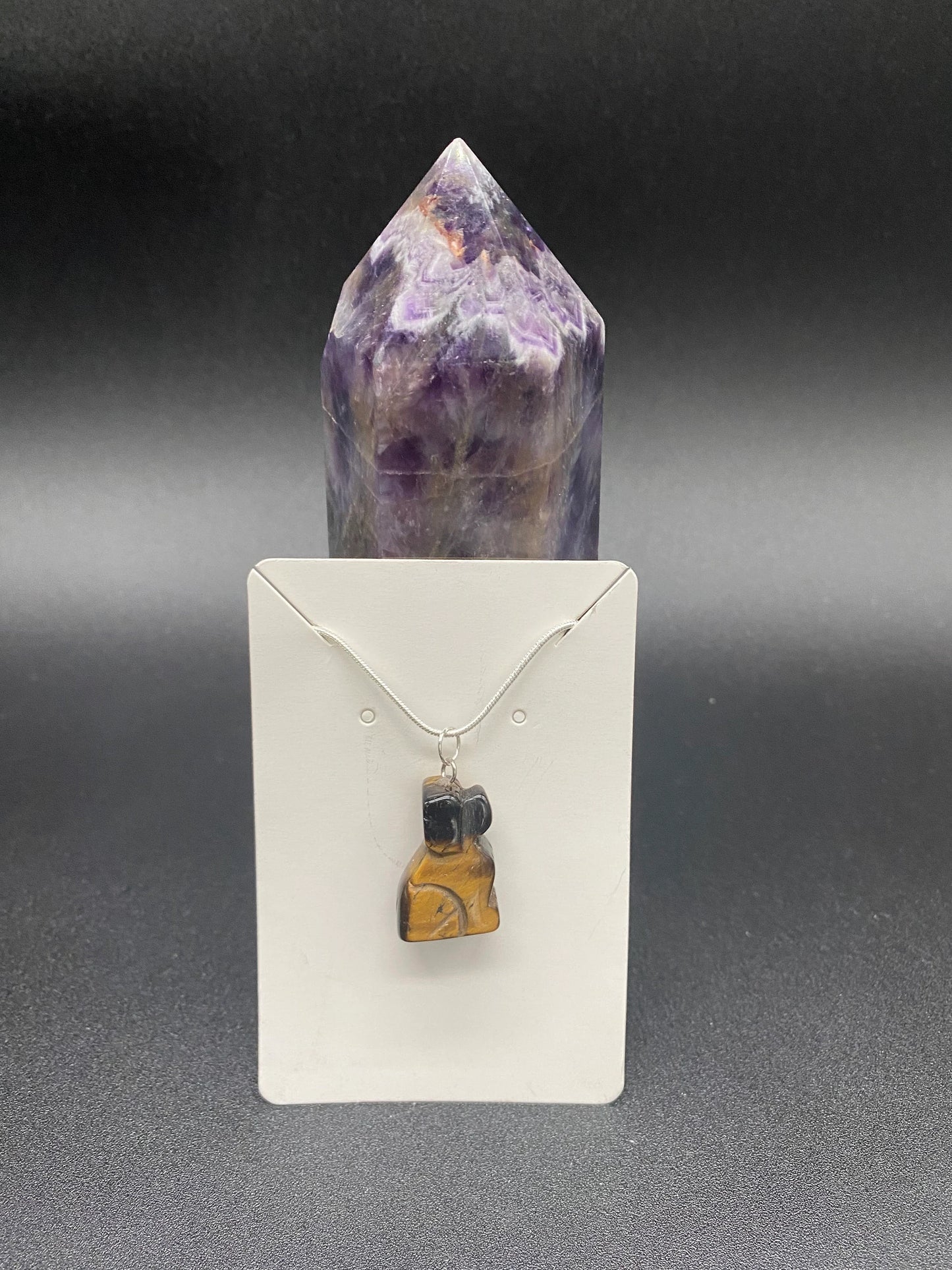 Tiger's Eye Carved Dog Pendant Sterling Silver Necklace