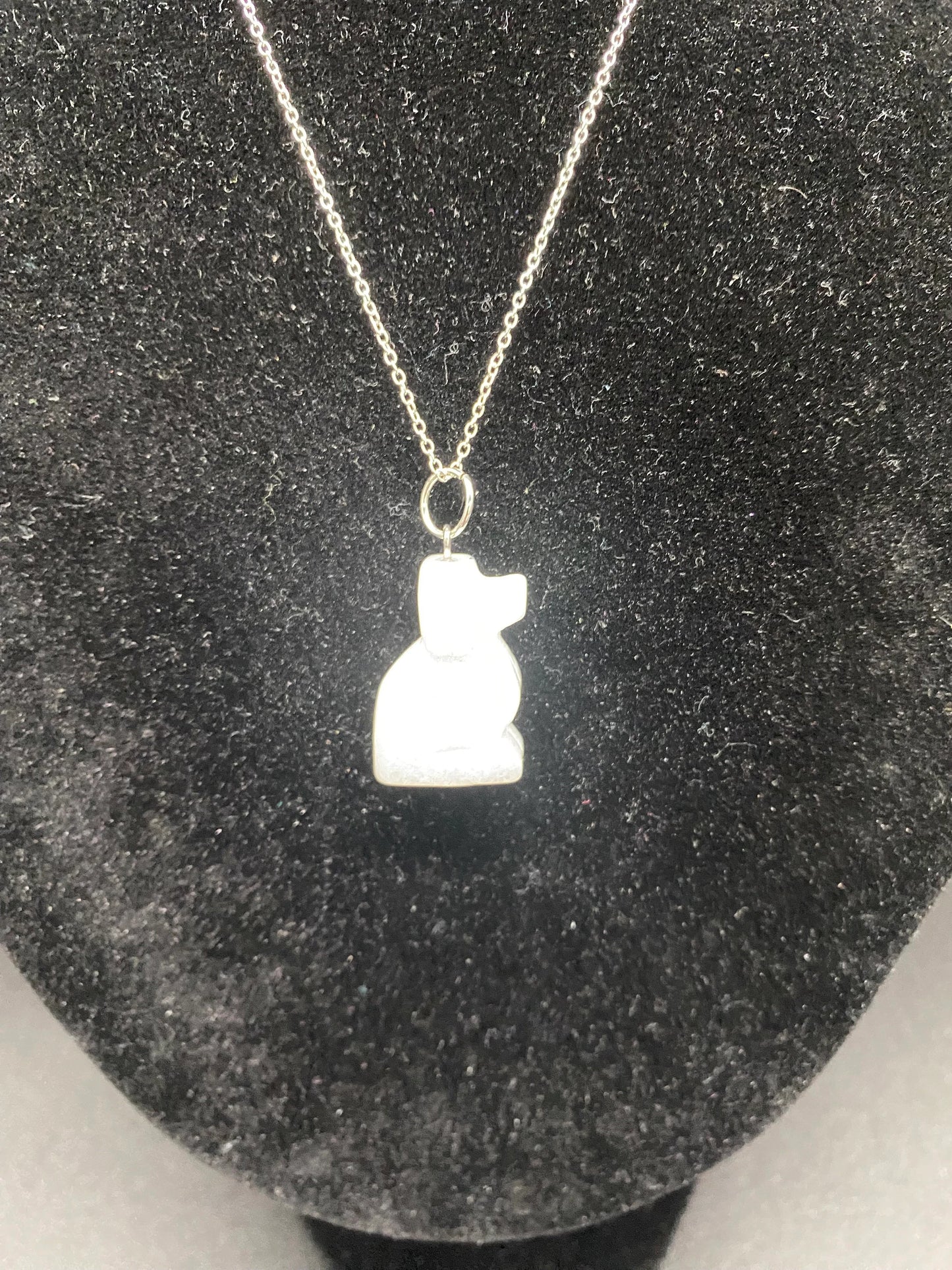 White Quartz Carved Dog Pendant Sterling Silver Necklace