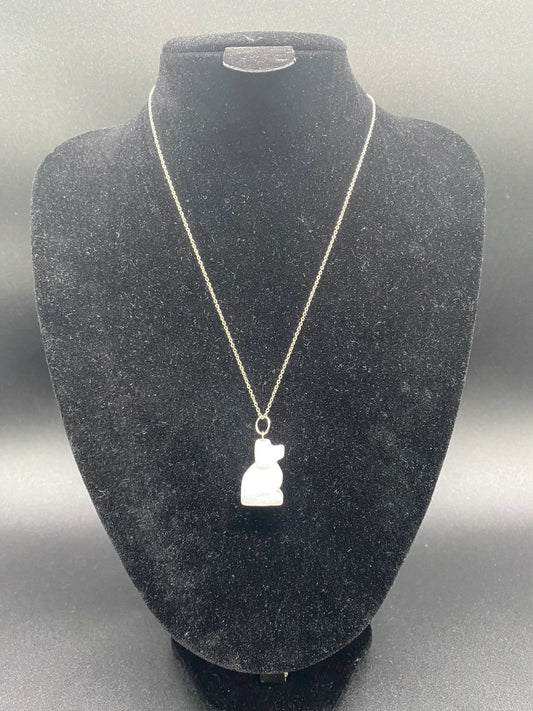 White Quartz Carved Dog Pendant Sterling Silver Necklace